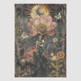 Moody Dark Rustic Fantasy Garden Girl Decoupage  薄葉紙