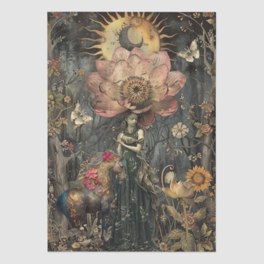 Moody Dark Rustic Fantasy Garden Girl Decoupage  薄葉紙 (正面)