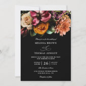 Moody Elegant Floral Dark Budget QR Code Wedding 招待状 (正面)