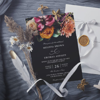Moody Elegant Floral Dark Budget QR Code Wedding 招待状