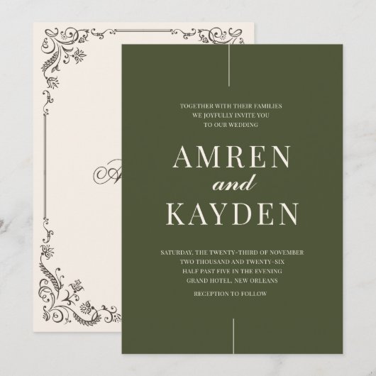 Moody Floral Burgundy Sage Wedding Invitation 招待状 (正面/裏面)