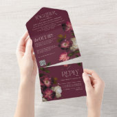 Moody Floral Dark Chic Burgundy Wedding QR Code オールインワン招待状 (貼ってはがせる)
