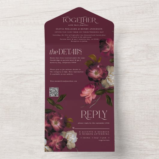 Moody Floral Dark Chic Burgundy Wedding QR Code オールインワン招待状 (内側)