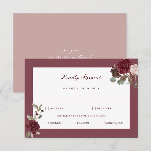 Moody Floral Fine Art Wedding RSVP Card エンクロージャーカード (正面/裏面)