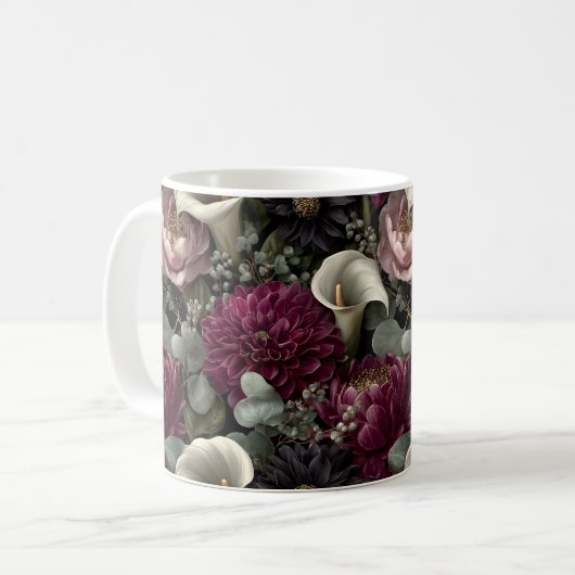 Moody Floral Pattern with Dahlias and Calla Lilies コーヒーマグカップ (正面左)