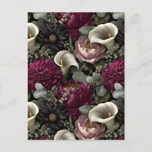 Moody Floral Pattern with Dahlias and Calla Lilies シーズンポストカード (正面)