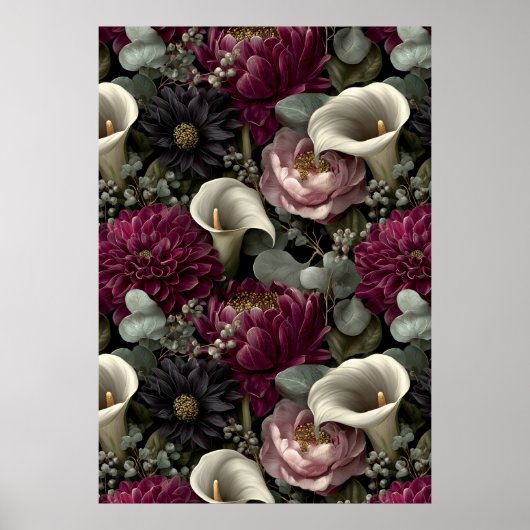 Moody Floral Pattern with Dahlias and Calla Lilies ポスター (正面)
