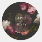 Moody Floral Wedding Dark Romantic Black Burgundy ラウンドシール (正面)