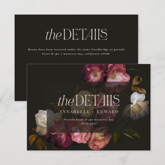 Moody Floral Wedding Details Burgundy & Black エンクロージャーカード (正面/裏面)