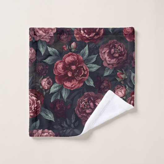 Moody Florals Watercolor Dark Red Pattern ウォッシュタオル (ウォッシュタオル)
