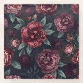 Moody Florals Watercolor Dark Red Pattern ガラスコースター (正面)