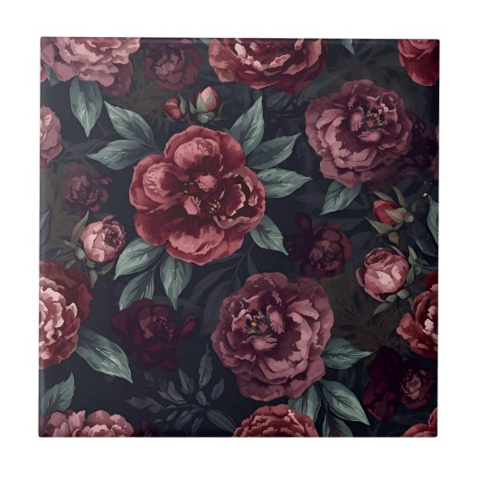 Moody Florals Watercolor Dark Red Pattern タイル (正面)