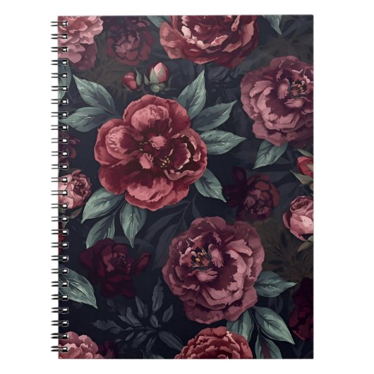 Moody Florals Watercolor Dark Red Pattern ノートブック (正面)