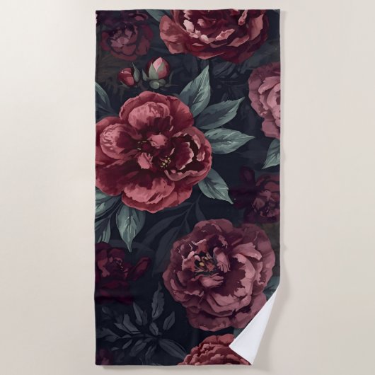 Moody Florals Watercolor Dark Red Pattern ビーチタオル (正面)