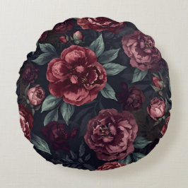 Moody Florals Watercolor Dark Red Pattern ラウンドクッション