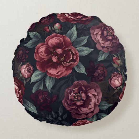 Moody Florals Watercolor Dark Red Pattern ラウンドクッション (正面)