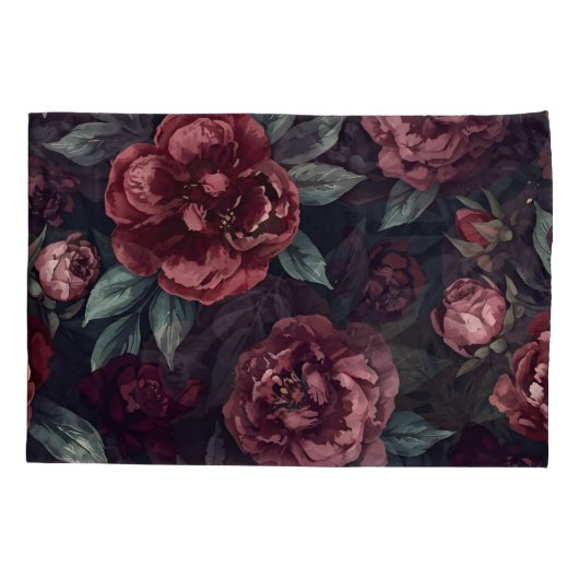 Moody Florals Watercolor Dark Red Pattern 枕カバー (裏面)