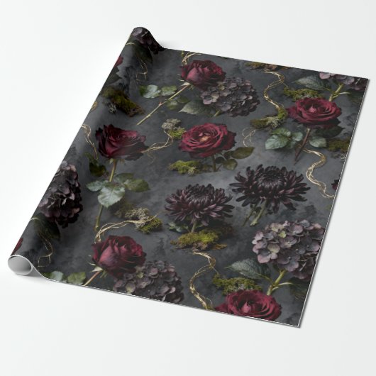 Moody Flower Dark Floral Gift ラッピングペーパー (アンロールド)