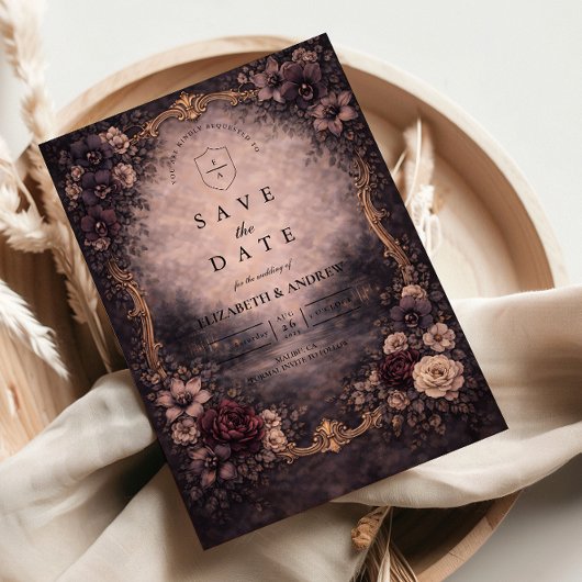 Moody Gold Baroque Wedding セーブザデート
