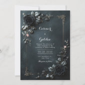 Moody Gothic Black Rose Floral Frame Wedding 招待状 (正面)