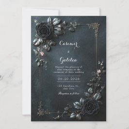 Moody Gothic Black Rose Floral Frame Wedding 招待状
