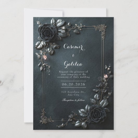 Moody Gothic Black Rose Floral Frame Wedding 招待状 (正面)