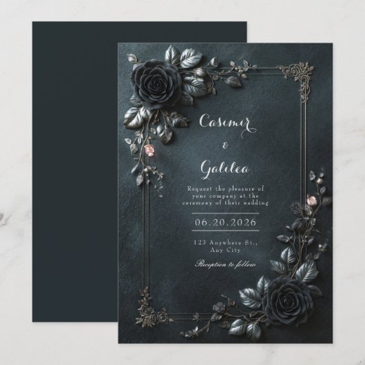 Moody Gothic Black Rose Floral Frame Wedding 招待状 (正面/裏面)