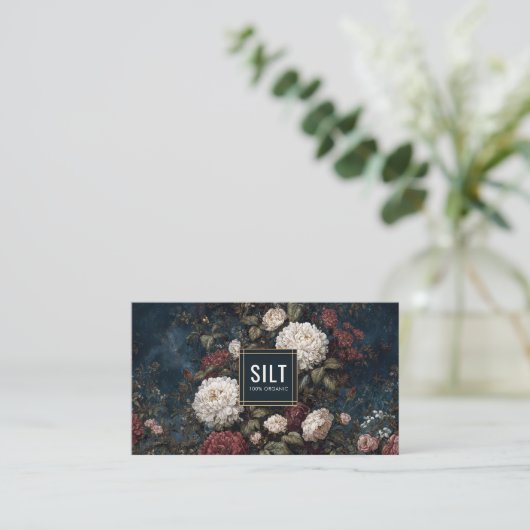 Moody Gothic Floral Dark Velvet Peony Gold Frame 名刺 (スタンド正面)