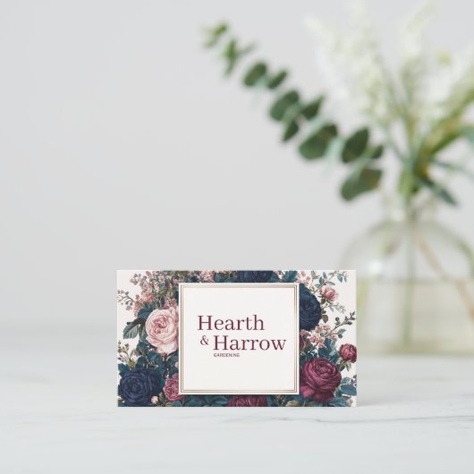 Moody Gothic Navy Burgundy Pink Rose Floral Frame 名刺 (スタンド正面)