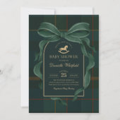 Moody Green Bow Equestrian Tartan Polo Baby Shower 招待状 (正面)