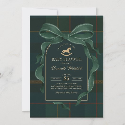 Moody Green Bow Equestrian Tartan Polo Baby Shower 招待状 (正面)