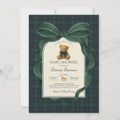 Moody Green Plaid Polo Teddy Bear Boy Baby Shower 招待状 (正面)