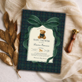 Moody Green Plaid Polo Teddy Bear Boy Baby Shower 招待状