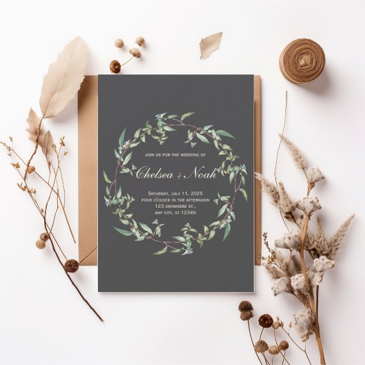 Moody Greenery Wreath Wedding Invitation 招待状