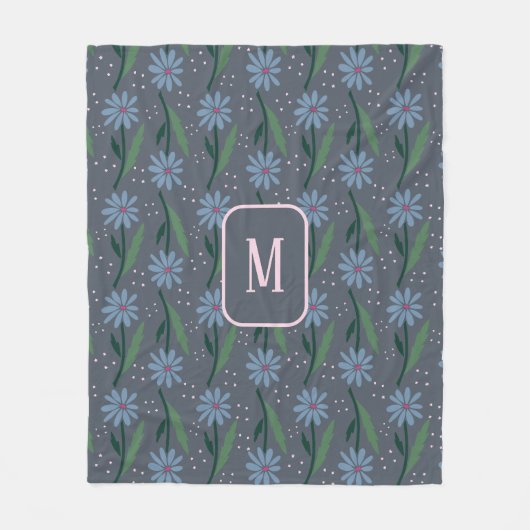 Moody Hand Drawn Retro Blue Daisy Floral Monogram フリースブランケット (正面)