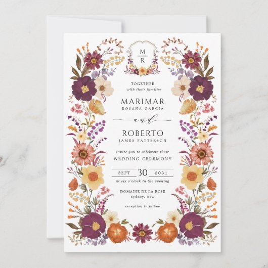 Moody Handpainted Florals Wedding Monogram Crest 招待状 (正面)