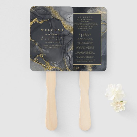 Moody Ink Charcoal金ゴールド抽象芸術プログラムID988 ハンドファン (正面&裏面)