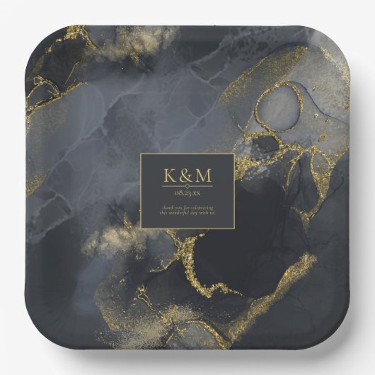 Moody Ink Charcoal金ゴールド抽象芸術Blk ID988 ペーパープレート (正面)