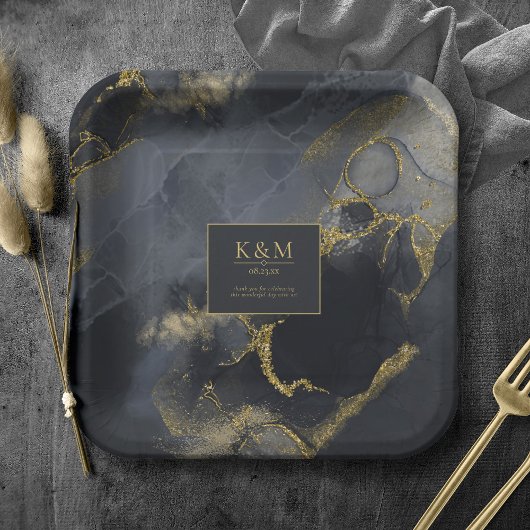 Moody Ink Charcoal金ゴールド抽象芸術Blk ID988 ペーパープレート