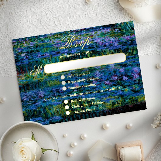 Moody Jewel Tone Monet Lily Pond Art Wedding Meal 出欠カード
