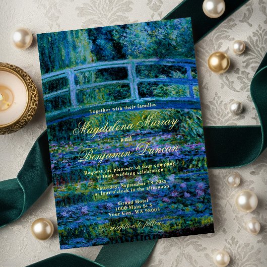 Moody Jewel Tones Monet Lily Pond Fine Art Wedding 招待状