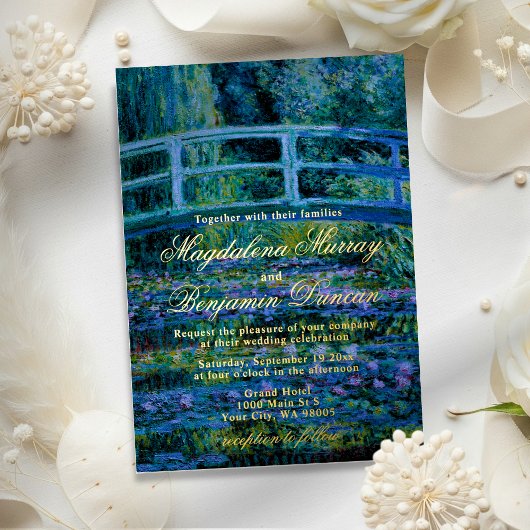 Moody Jewel Tones Monet Lily Pond Fine Art Wedding 箔招待状