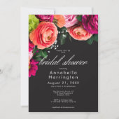 Moody Luxe Floral Vibrant Pink Black Bridal Shower 招待状 (正面)
