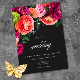 Moody Luxe Floral Vibrant Pink Black Wedding 招待状