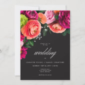 Moody Luxe Floral Vibrant Pink Black Wedding 招待状 (正面)