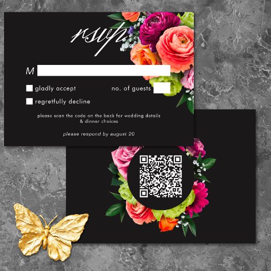 Moody Luxe Floral Vibrant Pink Black Wedding QR 出欠カード