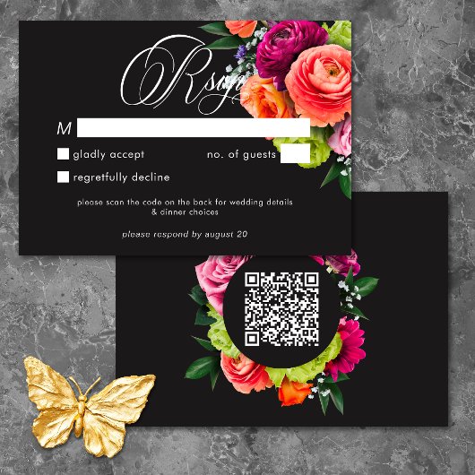 Moody Luxe Floral Vibrant Pink Black Wedding QR 出欠カード