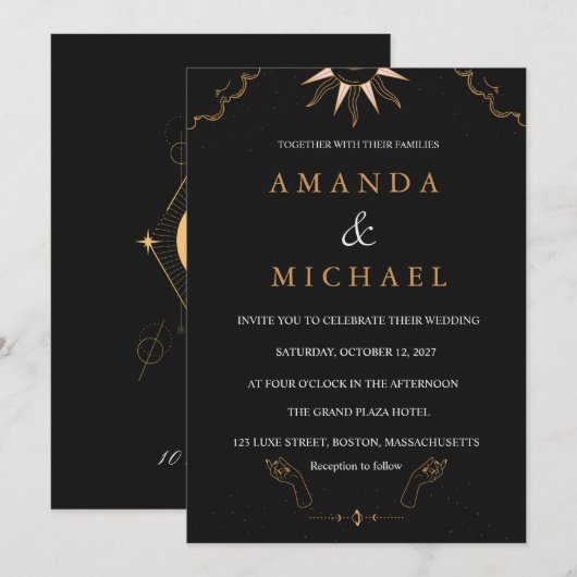 Moody Midnight Celestial Gold Foil Starry Night 招待状 (正面/裏面)