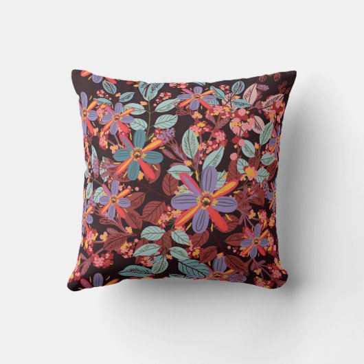 Moody Midnight Floral Folk Art Pattern Pillow クッション (裏面)