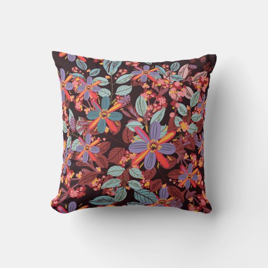 Moody Midnight Floral Folk Art Pattern Pillow クッション (正面)